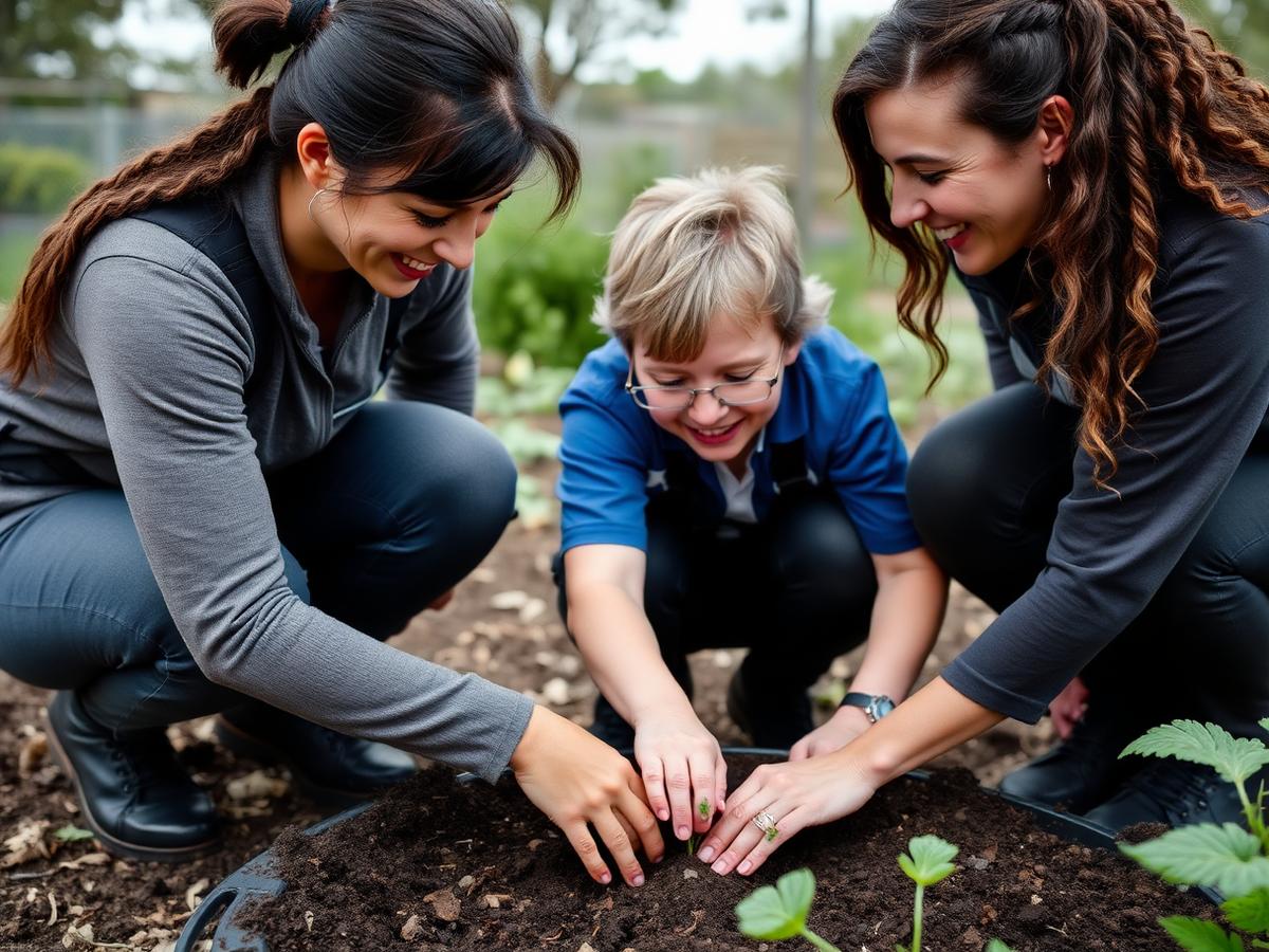 Support workers helping a participant at a community garden