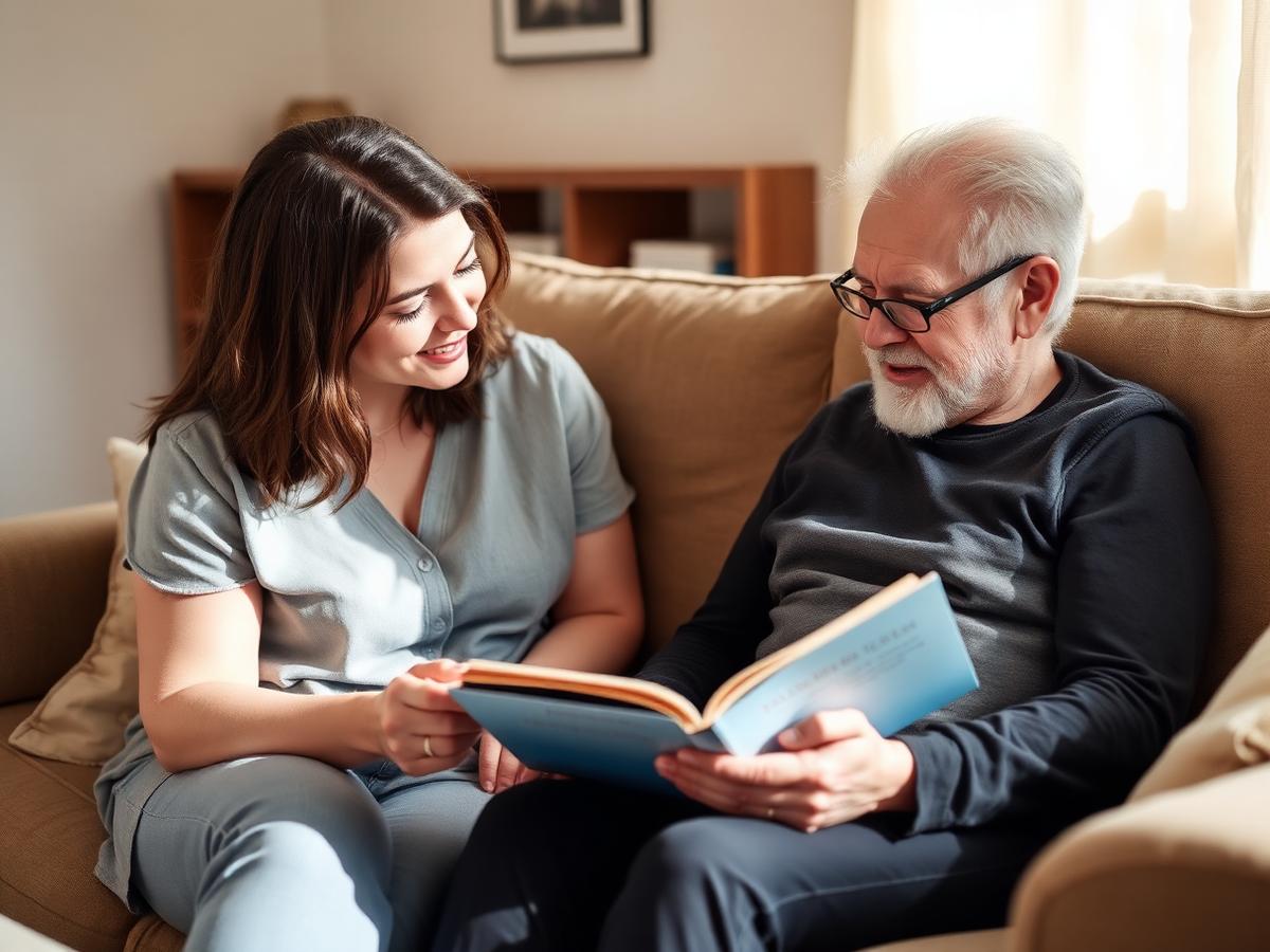 Support worker reading with a participant on a couch