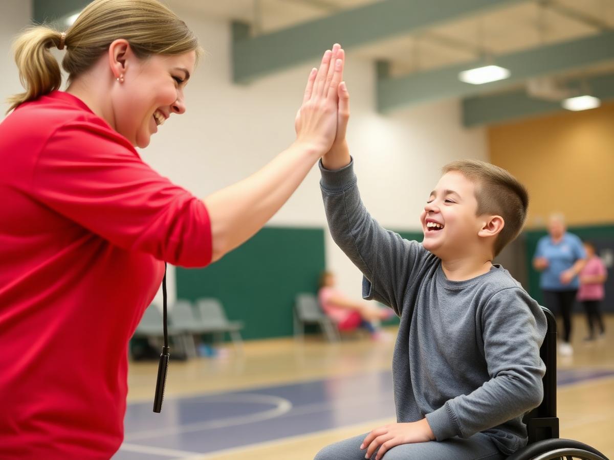 Support worker high-fiving a participant at a community sports centre